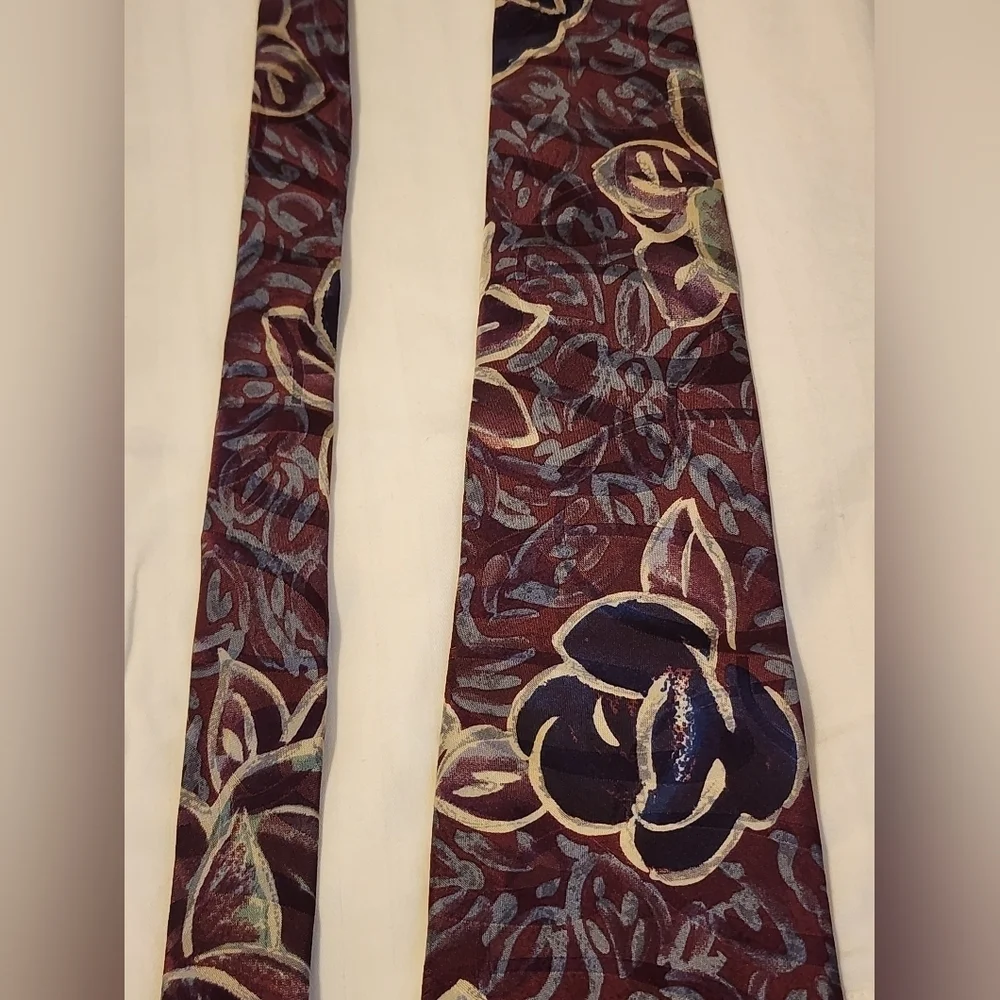 Vintage Floral Silk Tie Burgundy Gold Wide Retro Pattern Necktie OS